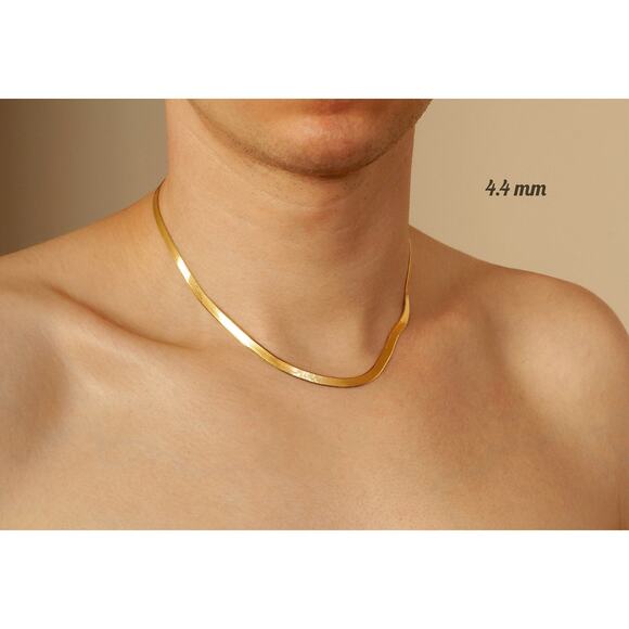 Mens Gold Herringbone Necklace, Flat Snake 18K Gold Dipped 925 Sterling Silver - Picture 1 of 9